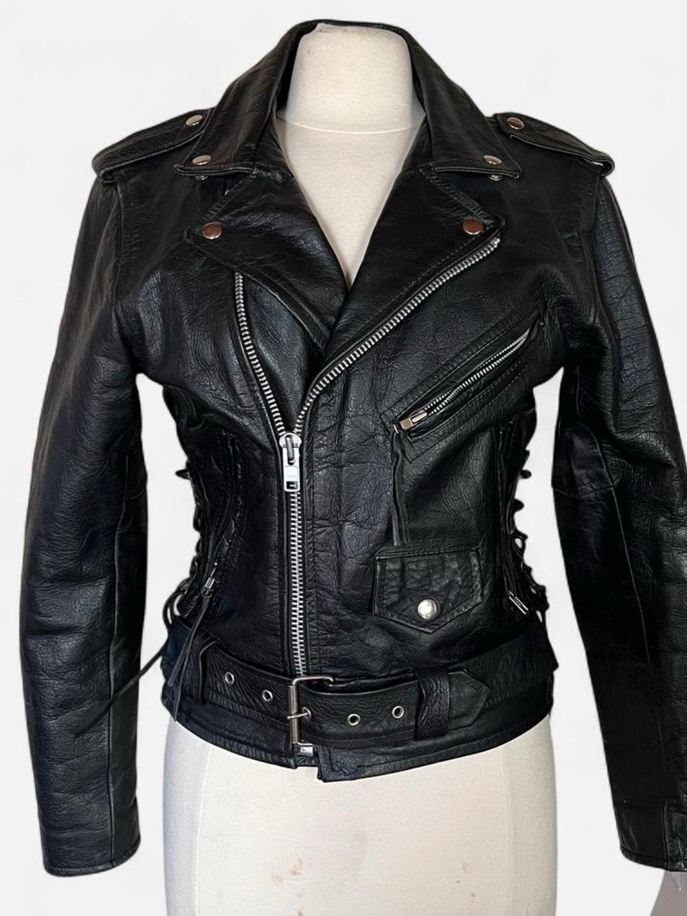 Vintage Black Leather Moto Jacket with Lace-Side Detail